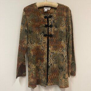 Coldwater Creek Womens Brocade Jacket Medium Brown Stretch Chinese Frog Buttons